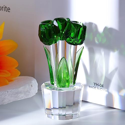 Qianwei Crystal Tulips Flowers Figurine Green with Vase - Glass Flower Bouquet Collectible Figurines Crystal Office Home Decor Paperweight - Tulip Gifts for Women Mom Bestfriend Wedding Anniversary - color: Green Tulip