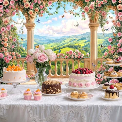 5X3ft Pink Floral Backdrop Garden Balcony Arch Retro Flowers Photography Background Wedding Birthday Party Decorations Baby Bridal Shower Portrait Photo Studio Props Wall Decor Banner - color: Multi4, size: 5X3FT