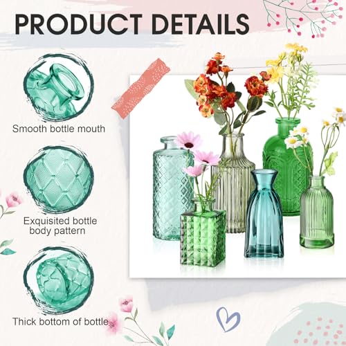 Yaomiao 30 Pcs Vases Bulk Colored Flower Glass Bud Vases Valentine Vintage Colored Glass Bottles Colorful Rustic Embossed for Home Wedding Table Decorations Gifts(Green Series) - color: Green Series