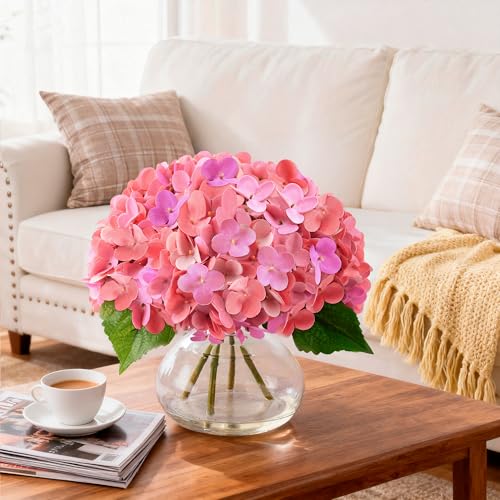 Real Touch Faux Hydrangea Flowers in Glass Vase, No Watering Needed Silk Hydrangea Artificial Flowers for Farmhouse Wedding Decor Dining Table Centerpiece Bedroom Decor - color: Fuchsia
