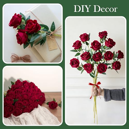 50 PCS Burgundy Roses Artificial Flowers, Real Looking Fake Roses with Long Stems Silk Flowers for DIY Wedding Bouquet Party Celebration Home Bridal Baby Shower Decoration Birthday Gift for Her Wife - color: Burgundy