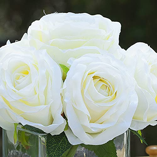 Enova Floral 7 Large Stems Artificial Silk Roses Fake Flowers Arrangement in Cube Glass Vase with Faux Water for Home Office Wedding Decoration (Cream) - color: Cream