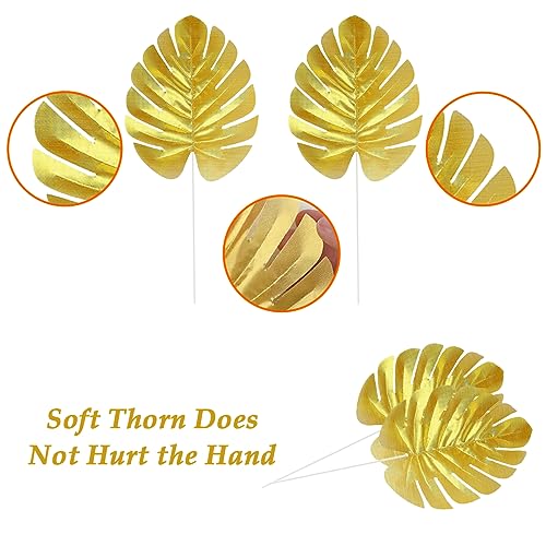 12 Pieces Artificial Palm Leaves, Golden Faux Tropical Monstera Leaves for Safari Jungle Hawaiian Luau Party, Table and Wall Decorations - size: 12.2x5.9 in