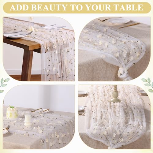 6 Pack Embroidery Floral Table Runner Rustic Spring Summer Wildflower Tulle Table Runner Vintage Flower Tabletop Runners for Home Kitchen Wedding Party Decoration, 108x24.5 Inch (Apricot Flowers) - color: Apricot Flowers-6, size: 108*24.5 inch