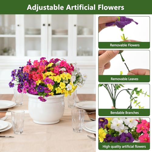 INQCMY Artificial Fake Flowers for Outdoors Decoration,12 Bundles Silk Colorful Morning Glory with Eucalyptus UV Resistant Look Real Faux Flowers for Planter Door Garden Porch Patio Balcony Yard - color: Mixed Color(2double Purple,2 Deep Orchid,2 Deep Pin