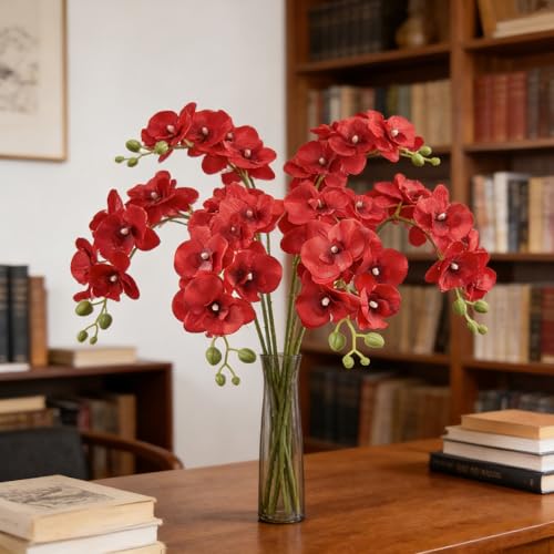 HCTCPALS Artificial Flowers for Outdoors 6 Pcs Orchids Plant Realistic Silk Fake Flowers for UV Resistant Faux Plants Outdoor Indoor Outside Front Porch Hanging Planter Decoration-38" Red - color: Orchid Red