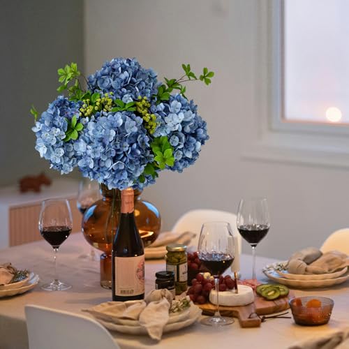 ZYTUYO 3PCS Dark Blue Hydrangea Artificial Flowers 25.6" Large Fake Hydrangeas Flowers with Stems Faux Silk Bouquet for Indoor Home Decor Table Wedding Party Floral Outdoor Centerpieces - color: Dark Blue