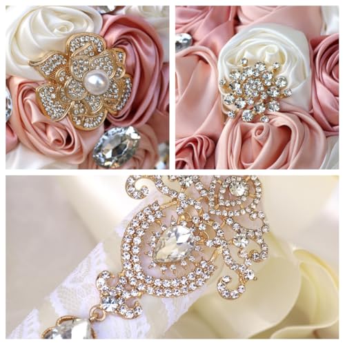 Blush Pink and Ivory Bridal Wedding Bouquet with Gold Brooch Bling Rhinestone Bouquet for Bride Bridesmaid Quinceanera Satin Dusty Rose Flower Bouquet Wedding Blush Pink and Ivory 6.3in - color: Blush, Pink & Ivory(gold Brooch), size: Diameter: 6.3 inches