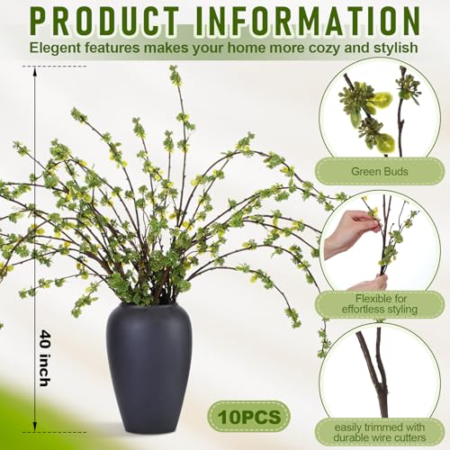 Zeyune 10 Pcs Artificial Branches with Green Buds 40" Evergreen Faux Plastic Plant Stem Picks Sprigs for Vase DIY Home Office Wedding Party Indoor and Outdoor Spring Decor, No Vase (Regular Style) - color: Green, size: Regular Style