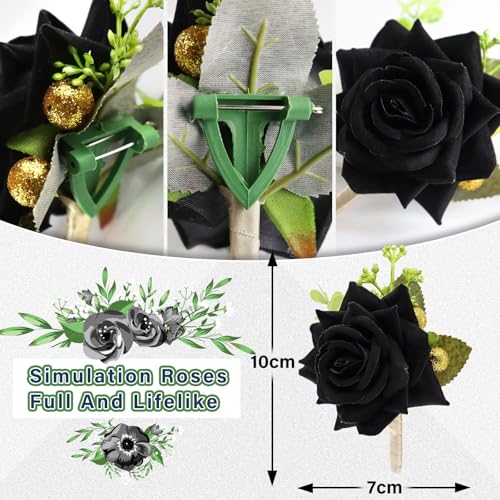 Artificial Black Rose Flowers Boutonnieres for Men Best Men Wedding Groom Groomsmen Handmade Silk Flowers Boutonniere for Wedding Anniversary Prom Homecoming Dance Black Rose Boutonniere - color: Black Rose Boutonniere