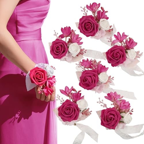 Hot Pink Wrist Corsage for Wedding(Set of 6), Wrist corsages for Prom,Party Prom Hand Flower Decor,Mother of The Bride Corsage,Bridesmaid Wrist Corsage - color: Hot Pink