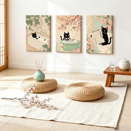 WENGTIAO Japanese Bathroom Wall Art Set of 3 Funny Black Cat Wall Paintings Cute Japan Cat Prints Pictures Animal on Toilet Photo Home Decor for Bathroom Restroom Laundry Room 16”x24”x3 - color: Black Cat Bathroom, size: 16"x24"x3Pcs