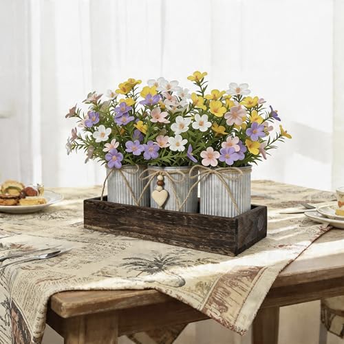 Rustic Artificial Baby's Breath Centerpiece — 3-Metal-Pot Farmhouse Table Decor on Wooden Tray, Faux Gypsophila Bouquet for Home, Kitchen, Dining Table, Living Room & Gift - color: Gypsophila Flowers