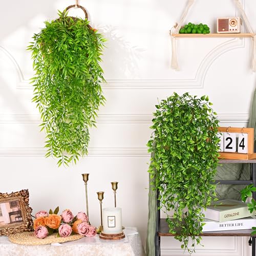 Waipfaru 4Pcs Artificial Hanging Plants, Fake Willow Leaves Vines Fake Hanging Plants for Outdoors UV Resistant Plants Outdoor Faux Plants Indoor Bedroom Living Room Porch Shelf Decor - color: Willow Leaves Vines, size: 4Pcs Plants