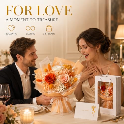 Preserved Champagne Rose Bouquet, 100% Real Flowers for Women Mother Wife, Long-Lasting Eternal Cream Roses with Gift Box, Forever Flowers for Anniversary Birthday Mother's Day, Lasts 3-5 Years - color: Champagne Gold