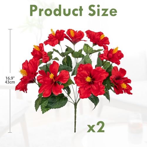 Briful 2 Bundles Artificial Hibiscus Flowers 16.9in, 9-Stem Short Faux Hibiscus Bouquet with Full Blooms, Silk Tropical Flowers for Vase, Table, Porch, Wedding, Indoor Outdoor Decor, Red - color: Red#942