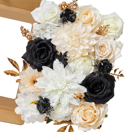 Serwalin Artificial White & Black & Champagne Flowers, Silk Fake Flowers for DIY Wedding Bouquets Cake Flowers, Table Centerpieces Baby Shower Birthday Party Home Decorations - color: White & Black & Champagne, size: Grand