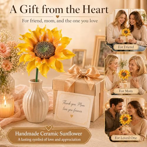 Handcrafted Ceramic Sunflower, Artificial Flower Decor, Yellow Sunflower Home Decor Women,Artificial Sunflowers Gift for Mom, Wife, Birthday & Anniversary - color: Yellow-sunflower