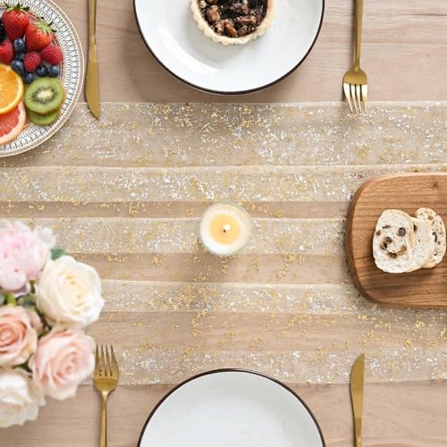 Artoid Mode Gold Gauze Champagne Table Runner 120 Inch 10FT, Glitter Metallic Foil Sheer Dining Wedding Anniversary Holiday Birthday Table Decor for Home Party - color: Champagne, size: 28" x 120"