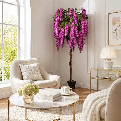 5ft Artificial Wisteria Tree, Fake Tree with Firmly Attached Blooms for Less Shedding, Faux Trees Indoor Outdoor Home Office Living Room Decor, Potted Floor Plant - color: Wisteria Tree Purple