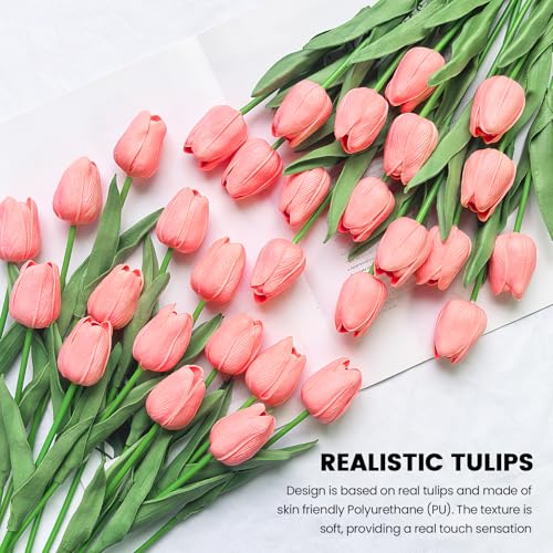 30 PCS Artificial Tulips Real Touch Tulips 13.5inch Long Stem Fake Flowers Silk Flowers for Spring Easter Mother's Day Decorations（Candy Pink） - color: Candy Pink