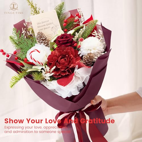 TINGE TIME Preserved Flowers Bouquet, Valentines Red Roses Faux Rose Bouquets, Artificial Flowers Poinsettia Faux Flowers, for Valentine Centerpiece Table Decoration Wedding Party - color: Burgundy