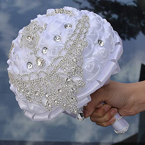 XINNI Handmade Bridal Wedding Bouquet Bride Bridesmaid Satin Rose Flower Bouquet with Drop-Shaped Rhinestone Wedding Decoration White - color: White