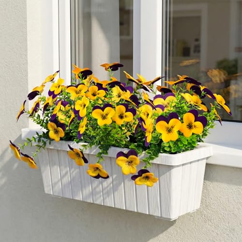 lovemoon 16 Pcs Artificial Pansy Flowers for Outdoors Yellow Faux Silk Spring Flowers for Outside, UV Resistant Realistic Pansies for Window Front Door Porch and Garden Home Decor (16, Purple,Yellow) - color: Purple,yellow