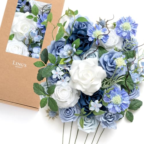 Ling's moment Fake Flowers Box, Artificial Faux Greenery Stems Silk Leaves Foam Rose for Wedding Bouquets Centerpieces Table Decorations Backyard Floral Arrangement, Dusty Blue & Ivory, Deluxe Combo - color: Blu-dusty Blue & Ivory & Sage, size: Deluxe