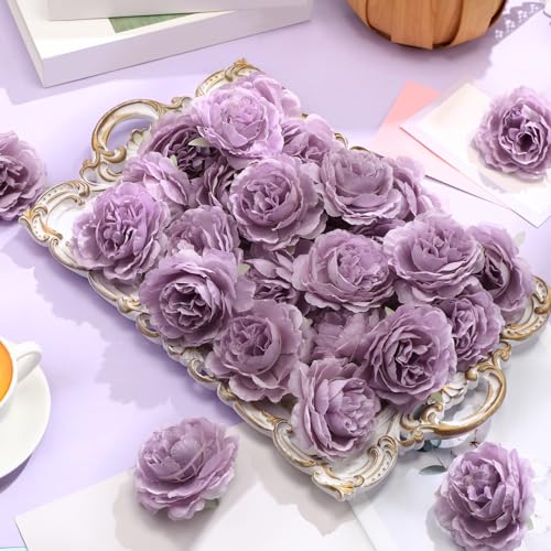 Thiccywoov 50 Pcs Artificial Flowers, 3.2 Inches Silk Rose Head Flowers Fake No Stem for Wedding Bridal Bouquet Home Floral Decor DIY Centerpieces Arrangements Party Tables Decoration(Purple) - color: Purple