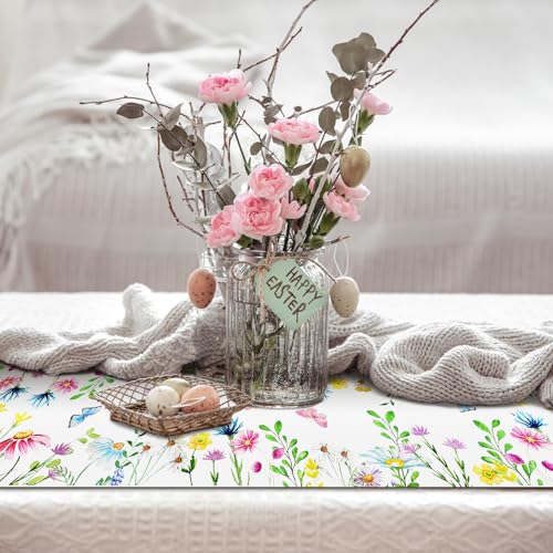 72 x 13 Inch Floral Spring Table Runner Decorations, Linen Wildflower and Butterfly Pattern Table Runner for Spring, Summer, and Mother’s Day Home Decor, Dining Table, Kitchen, Mantel, Wedding Party - style: Colonial