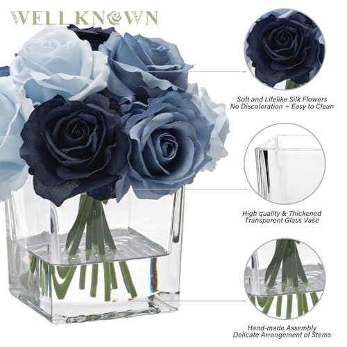WELL KNOWN Rose Artificial Flowers in Vase with Faux Water, Silk Rose Table Centerpieces for Home Coffee Table Decor, Fake Roses Flower Arrangements for Office Hotel Lavatory Decor (Blue) - color: Blue