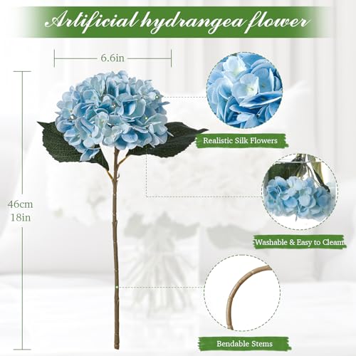 6PCS Realistic Artificial Silk Hydrangea Flowers – Premium Fake Hydrangea Flowers Bouquets with Stems, Full Faux Hydrangea Blooms for Home Wedding Table Party Office Decorations(Light Blue) - color: Light Blue