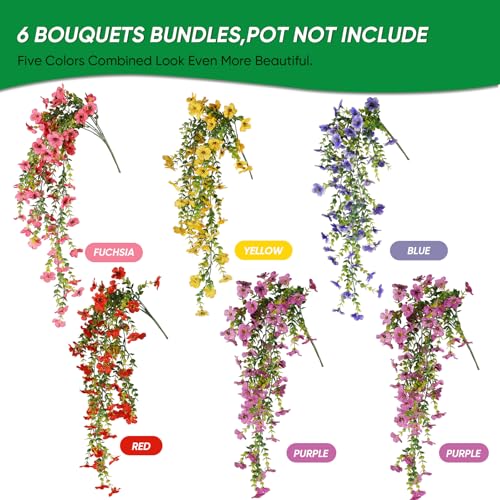 6 Bundles Artificial Flowers for Outdoors,UV Resistant Fake Hanging Flower,Realistic Silk Flowers for Indoor Outside Garden Patio Balcony Farmhouse Porch (Fuchsia, Red, Purple, Yellow, Blue) - color: 5 Multicolor