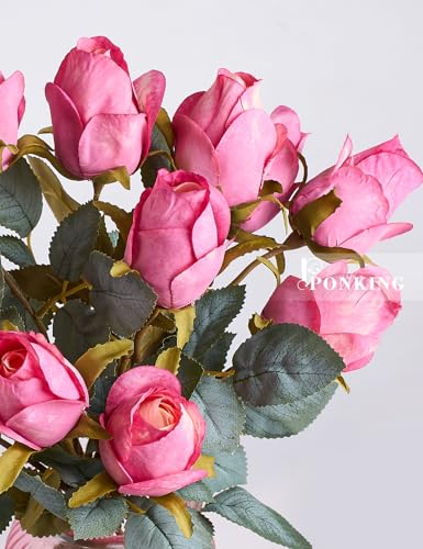 PONKING Rose Artificial Flower Buds 12pcs Realistic Faux Silk Roses Fake Flowers Bouquets Arrangements Decor for Wedding Spring Mother's Day, Home Table Decorations, Light Magenta Flower - color: C 12pcs Light Magenta Rose