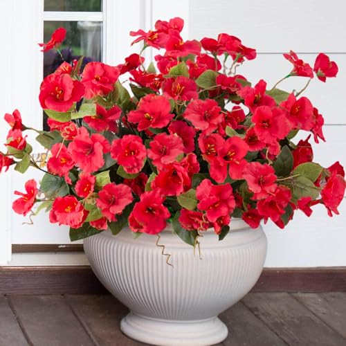Hoppwodd Hibiscus Artificial Flowers for Outdoors Spring Decoration, 6 Bundles Faux Silk Flowers UV Resistant Look Real Artificial Tropical Flower Fake Plants for Outside Planter Porch Patio, Red - color: Red
