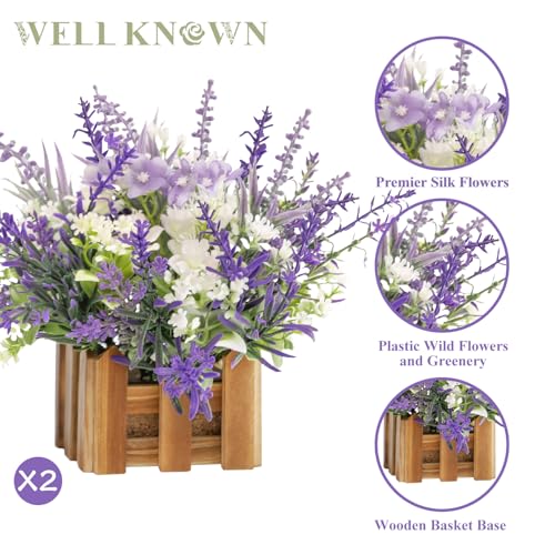 WELL KNOWN Artificial Lavender Plants in Wooden Baskets, Artificial Mini White Flower Arrangement in Planter for Home Hotel Office Table Wedding Centerpieces & Gift(Set of 2) - color: Lavender