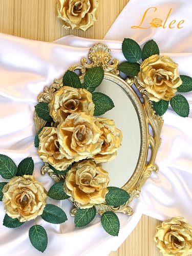 LELEE Rose Head Flowers with Stem - 108pcs Gold Rose Artificial Flowers Bulk - 3.1'' Silk Roses Fake Flower for Wedding Bouquet Party Home Decor DIY Baby Shower Centerpieces Tables Decoration - color: Gold