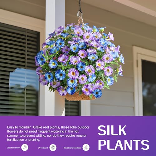Blue Purple Artificial Morning Glory Flowers for Outdoor Planters, Premium UV Resistant Silk Faux Flowers for Porch, Hanging Basket & Window Box, Cottage Garden Decor, No Pot, 13.3 Inch, 8 Bundles - color: Blue Purple 8pcs