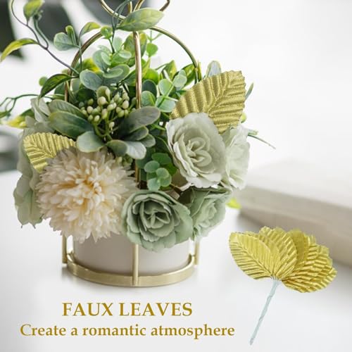 50Pcs Artificial Silk Leaf, Fabric Floral Fake Wire Crafts Leaves Faux Flowers for DIY Wedding Corsage Party Home Decoration Banquet and Christmas Hawaiian (Gold) - color: Gold