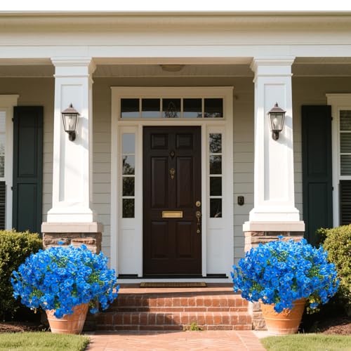 Grunyia UV Resistant Artificial Morning Glory Flowers - 16 Bundles Blue Faux Plastic Fake Plants with Eucalyptus for Outdoor Indoor Porch Patio Planter Window Box Garden Home Decor - color: Blue