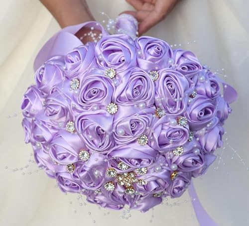 Ujicde Romantic Wedding Bouquet Bridal Bridesmaid Round Bling Brooch Bouquet Throw Toss Artificial Rose Flower Bunch with Sparkle Rhinestone Crystal Decoration(Light Purple,Dia. 6.3"*16cm) - color: Light Purple, size: Dia. 6.3"*16cm