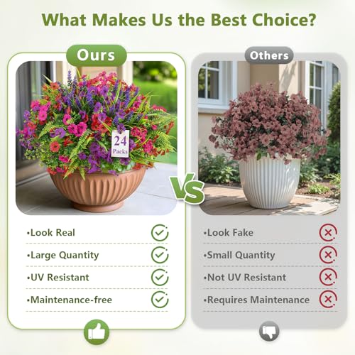 Alupssuc 24 Bundles Artificial Flowers for Outdoors Planters Spring Decoration, UV Resistant Faux Eucalyptus Violet and Lavender Silk Fake Plants for Outside Indoor Yard Home Patio Decor, Mix 3 Colors - color: Red Rose Purple