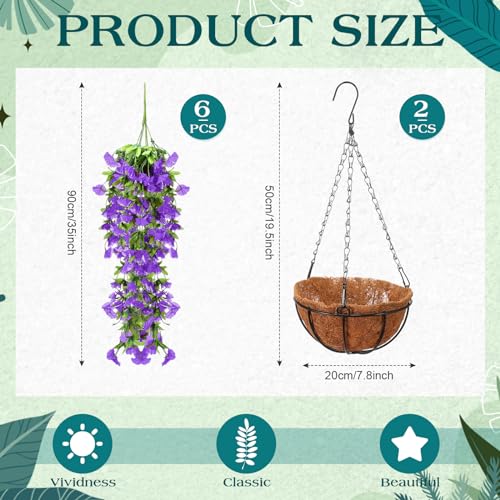 Hotop 2 Set Artificial Flowers with Hanging Basket Includes 6 Pcs Morning Glory Vines Faux Outdoor Hanging Plants Waterproof UV Resistant Fake Flowers for Patio Spring Summer Decor(Purple) - color: Purple