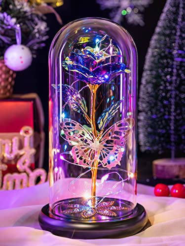 Pusuny Mothers Day Flowers Gifts for Mom Women Birthday Gift Galaxy Glass Rose Forever Eternal Crystal Flowers Rose in Glass Dome with Butterfly Mother's Day Roses Gifts for Mom Daughter Wife Purple - color: A Purple