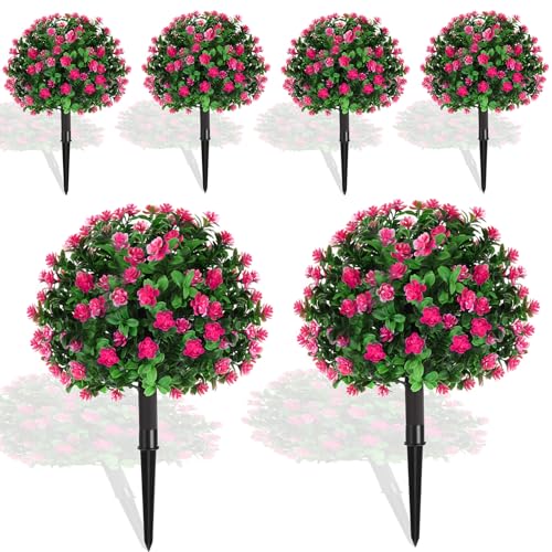 Yunlly Set of 6 Artificial Boxwood Topiary Ball Tree 16 Inch Outdoor Topiary Tree with Flower Fake Bushes, UV Resistance Faux Shrubs Evergreen Plant with Spike for Front Porch Indoor Decor (Pink) - color: Pink