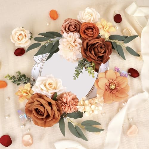 Terracotta Artificial Flowers Fake Roses with Stems Burnt Orange Floral Arrangements Bouquet of Flowers for Centerpieces Bridal Shower Party Home Fall Wedding Decor - color: Orange
