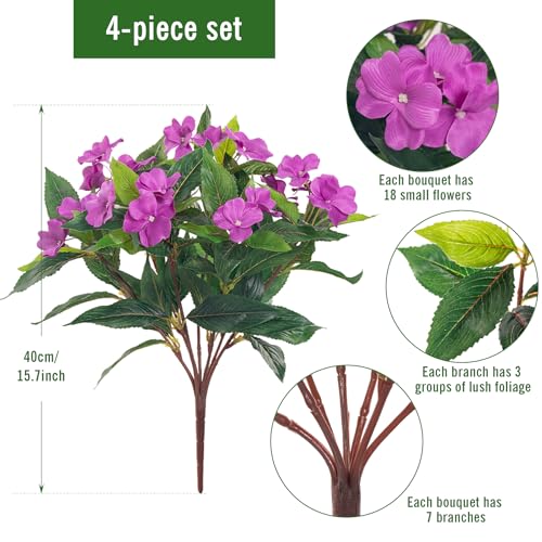 Fake Flowers Artificial Flowers for Outdoor，Artificial Impatiens Bouquet Flowers for Outdoors，Spring Flowers Artificial Impatiens Outdoor Silk Fake Flowers Indoor Decor 4PCS(Purple) - color: Purple-4