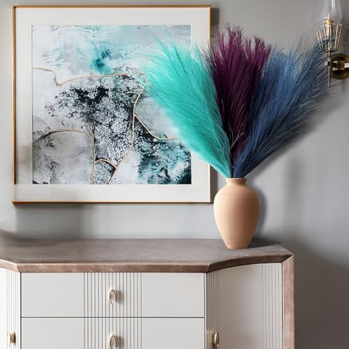 Pampas Grass Decor, Fluffy Faux Pampas Grass 6 Stem 18"/45cm Pompous Grass Small Flower Arrangement and Vase Filler for Boho Home Wedding Decoration - color: Lake Green& Deep Purple& Peacock Blue