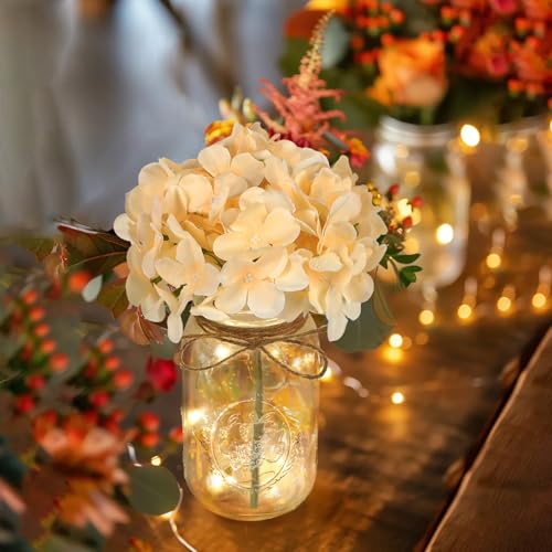 Set of 3 Mason Jar Lights, Champagne Hydrangea Holiday Table Decor | Farmhouse Table Centerpiece for Home Wedding Event Party Decor - color: Jar-champagne Hydrangea